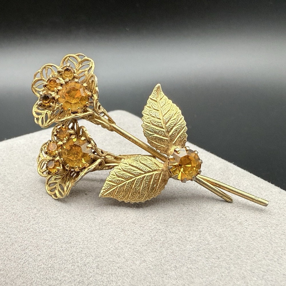 Vintage Amber Rhinestone Flower Bouquet Brooch Gold Tone Floral Spray Pin